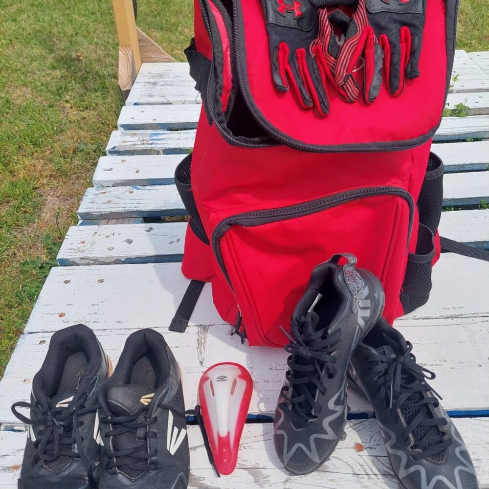 Baseball Bundle - Rawlings Bag, 2 Cleats, Gloves, Shock Doctor Cup